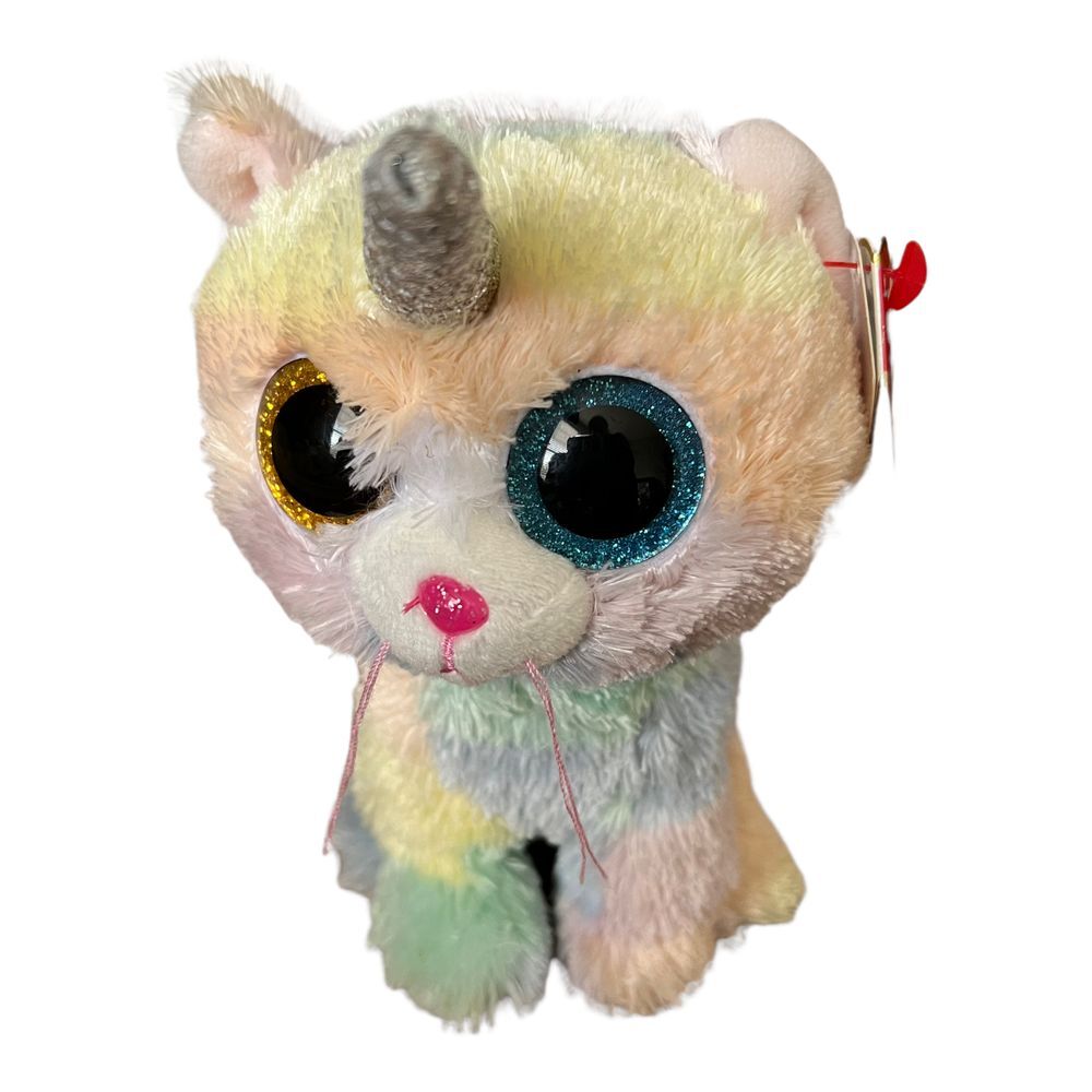 TY Beanie‎ Boo Cat Horn Heather Plush Round Eyes  Multicolor Stuffed Animal 6"